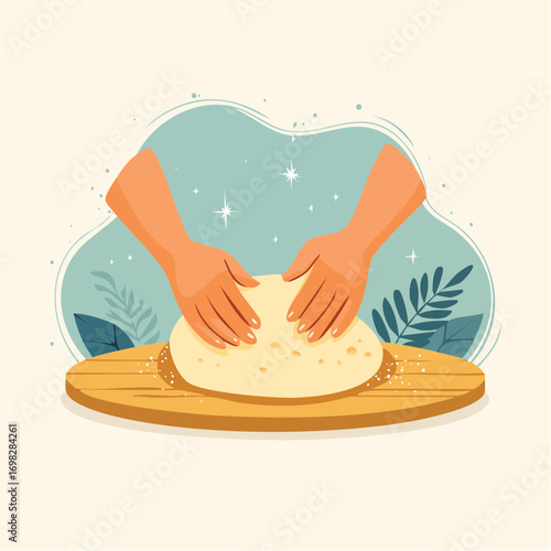Two Hands Kneading Dough on Wooden Board