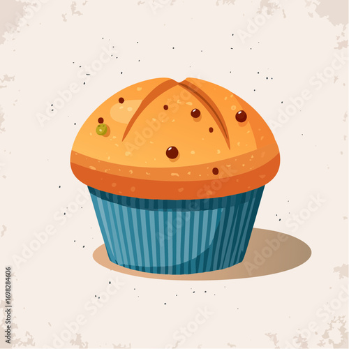 Golden Muffin with Chocolate Chips in Blue Wrapper on Grunge White Background