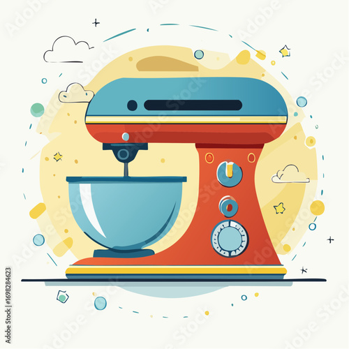 Red And Blue Kitchen Stand Mixer With Stainless Steel Bowl