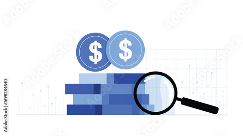 Vector art of financial analysis with coins, bar graph and magnifying glass