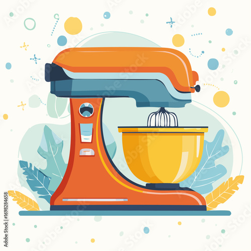 Orange Stand Mixer With Whisk and Yellow Bowl on Decorated Background
