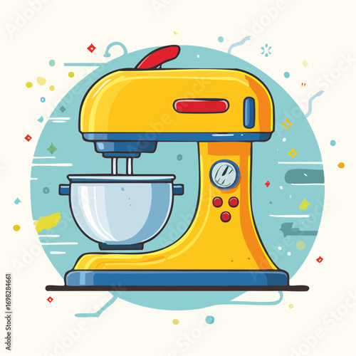 Yellow Stand Mixer With Silver Bowl On Blue Background