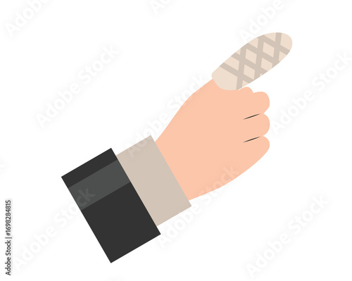 Hand with Bandage on Finger Injury Cure Isolated on White. Health care and medicine concept vector art