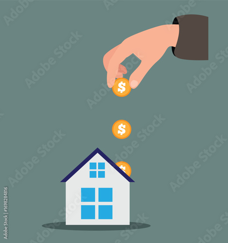 Hand Investing Money into House Flat Style. Household costs and real estate business vector art