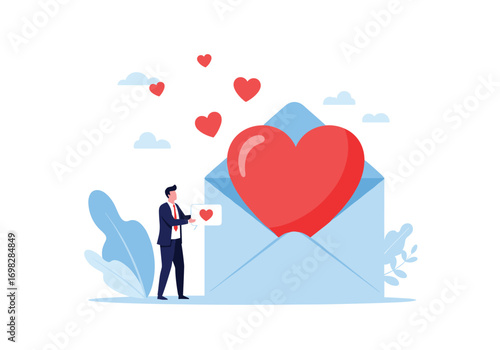 Man sending love letter with giant heart symbol emphasizing romantic expression and affectionate communication in a digital age