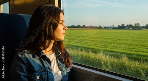 Free Download A young woman sits by a train window, contemplatively gazing at a verdant countryside landscape. - GFXLoad