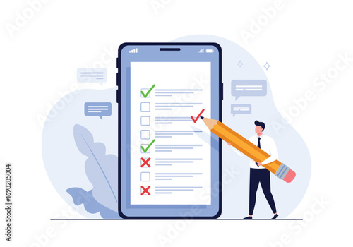 Illustration of a person marking tasks on a digital checklist using a large pencil on a smartphone screen representing modern productivity tools and task management concepts