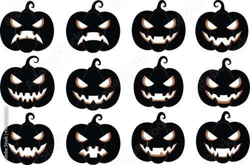 Halloween pumpkin faces, scary jack-o-lantern silhouettes, spooky carved pumpkins, Halloween decoration vector, evil expressions, creepy autumn icons, spooky fall design