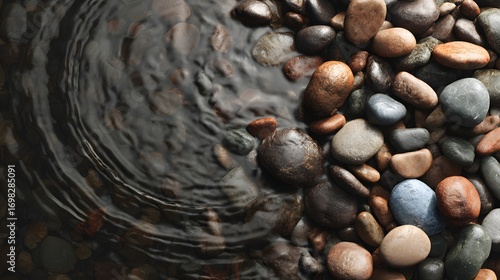 Close up of smooth rounded river rocks partially submerged in dark rippling water smooth stones pebbles