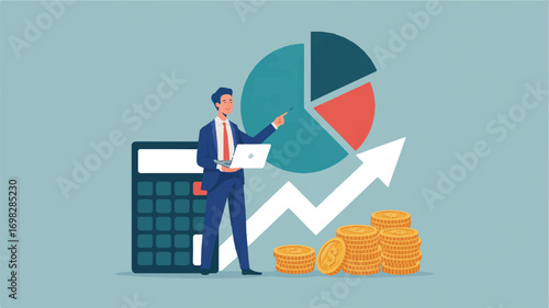 Vector art of businessman presenting financial data with pie chart and calculator illustration