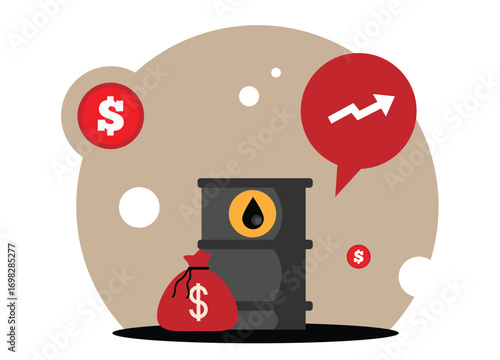 Oil Barrel with Money Flat Style Price Going Up. Industry and goods trading vector art
