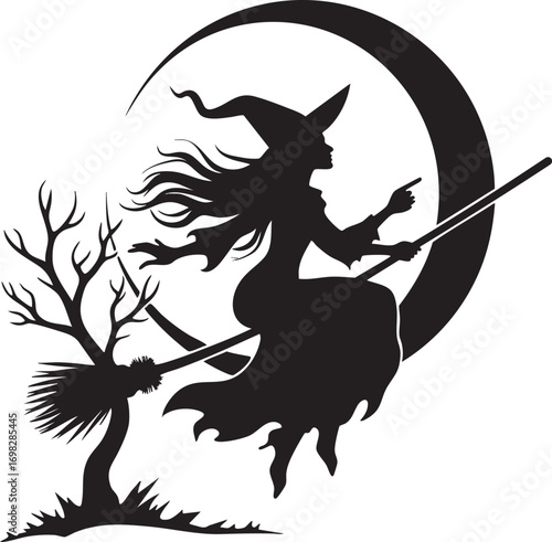 Silhouette of a witch flying on a broomstick against a crescent moon