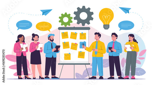 Vector art of team collaboration and brainstorming session for innovative project ideas