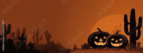 Desert Halloween night with glowing pumpkins and saguaro cactus silhouettes.