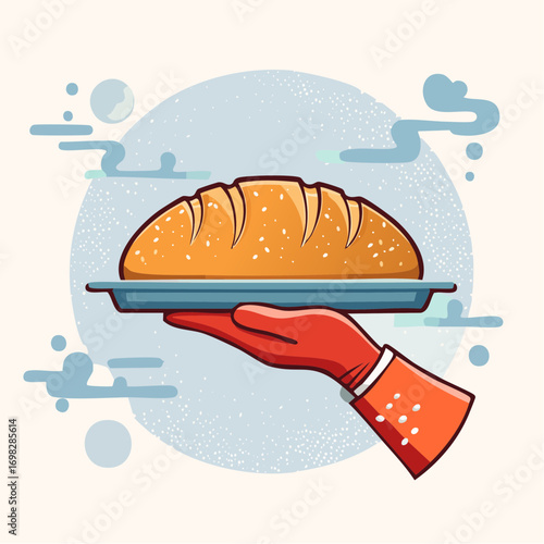 Hand in Red Glove Holding a Loaf of Bread on a Tray