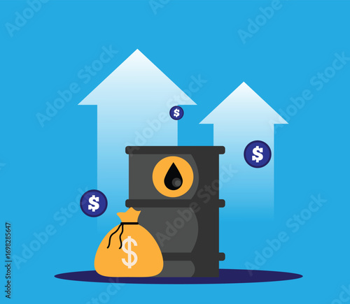 Oil Barrel with Money Flat Style Price Going Up. Industry and goods trading vector art