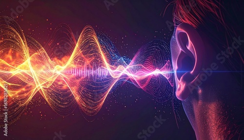 Futuristic visualization of audio sensory input, with glowing digital soundwaves perceived by the human ear