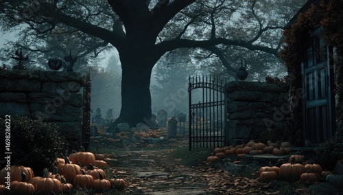 Eerie graveyard entrance at dusk with ancient tree and pumpkins.