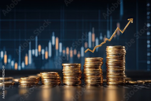 Golden coins stacked high with upward trending stock market graph symbolizing financial growth.