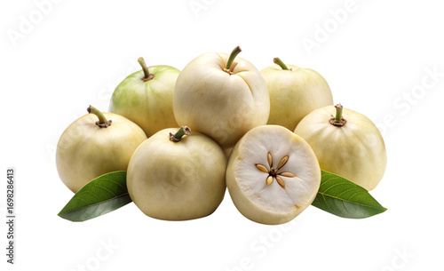 Closeup of ripe White Sapote fruits with leaves on a white background