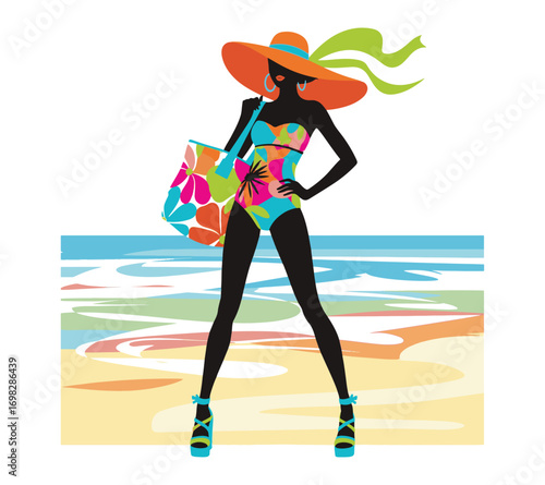 Trendy beach outfit for girls. Colorful swimwear, shoes, hats, and bags with fun silhouettes. Vector art.