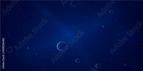 Astronomy-inspired fantasy with a dark blue sky, water drops, and a sphere-like abstract planet