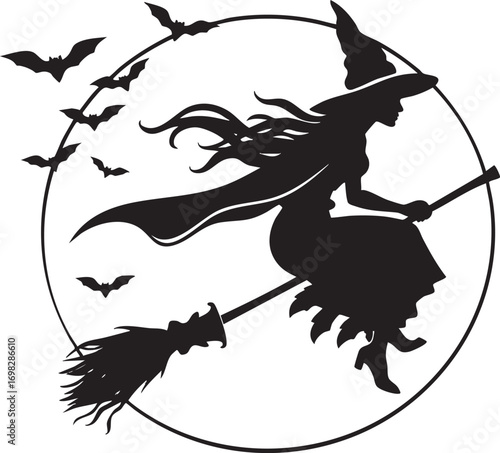 Silhouette of a witch flying on a broomstick with bats and circle