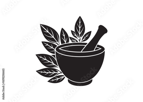 Black silhouette of a mortar and pestle with leaves isolated on white background vector illustration.