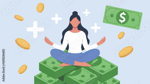 Vector art of woman meditating on money pile with coins floating around, financial wellness