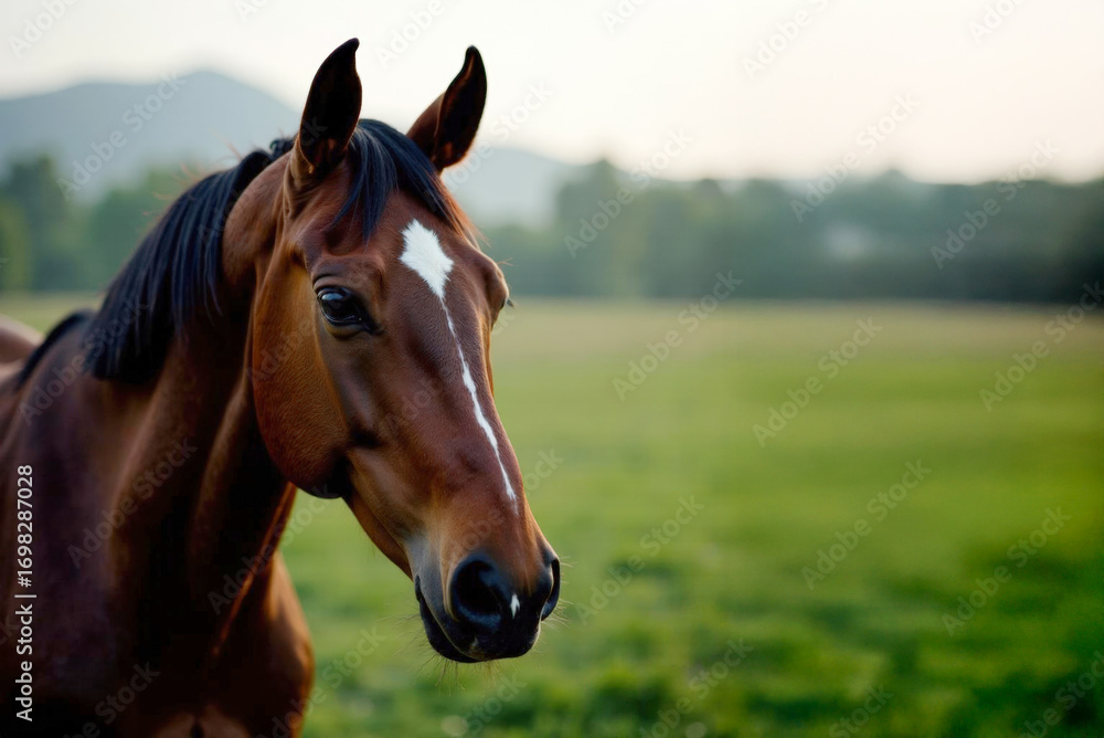 Fototapeta premium Majestic horse in meadow, detailed head and face portrait in natural environment. Great for animal stock, equestrian projects, and rural lifestyle.