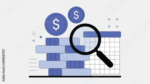 Vector art of financial analysis with magnifying glass and dollar coins