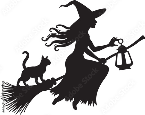 Silhouette of a witch flying on a broomstick with a cat and lantern
