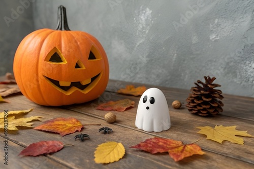 Photo-Realistic Halloween Ghost and Jack-O’-Lantern with Autumn Leaves on Rustic Wooden Surface