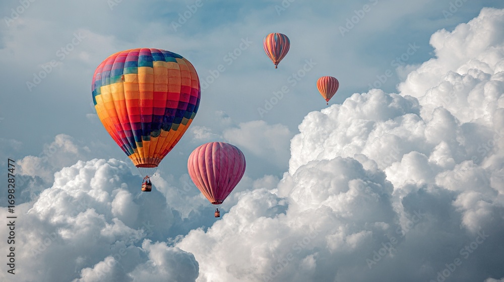 Naklejka premium Colorful hot air balloons floating among fluffy clouds