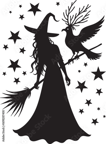 Silhouette of a witch with a bird on a broomstick and stars