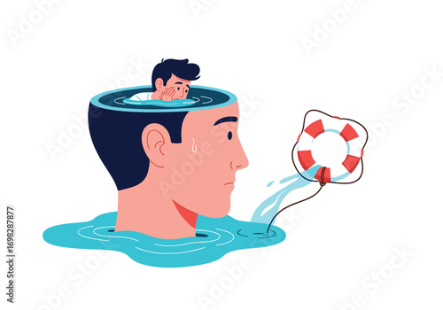 Man drowning in his own thoughts seeking a lifeline for mental well-being