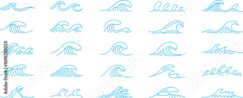 Ocean wave icons vector set, blue line wave illustrations, sea surf symbols, minimalist water wave drawings, Japanese style wave collection