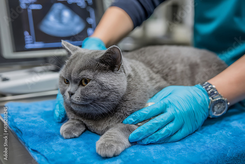 Veterinarian performing an ultrasound scan on a calm grey British Shorthair cat in a clinic.