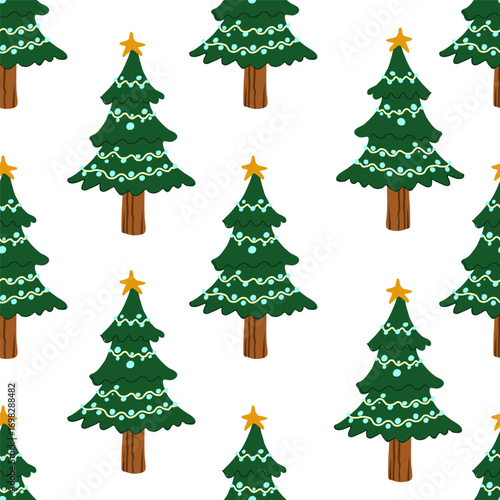Christmas festive vector seamless pattern with hand drawn decorated cutie Christmas trees.