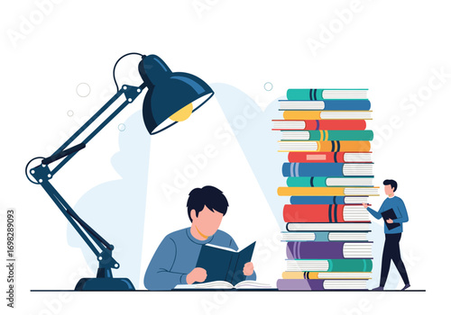 Student focused on learning and studying with abundant books and desk lamp