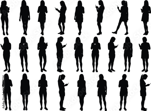 Woman using smartphone silhouette set, female texting icon collection, mobile phone user vector, standing girl figures, modern communication concept