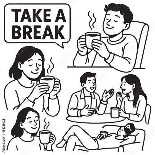 people enjoying free time, drinking coffee, daily routine, invitation to hang out, 
for social media stickers and posts, marketing, restaurants and coffee bars vector