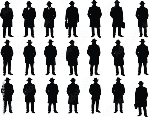 Mysterious man silhouette collection, trench coat and hat figures, male spy icon set, secret agent vector, noir detective concept illustration