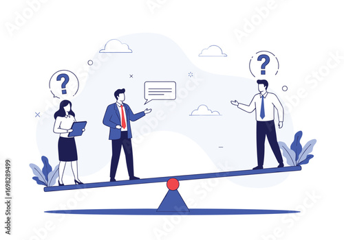 Business professionals debating ideas and seeking solutions on a balancing scale representing challenges and decisions