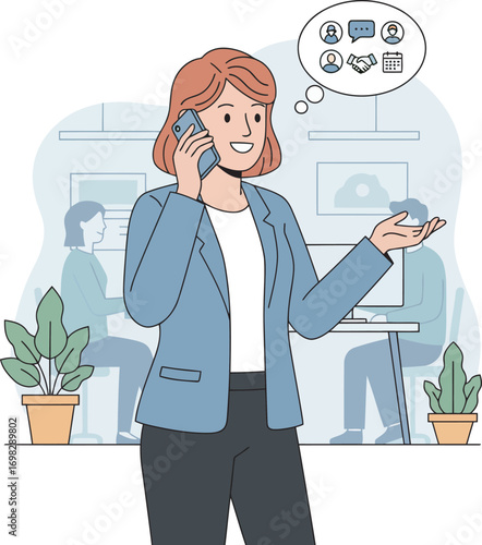Businesswoman confidently talking on phone in modern office with colleagues in background communication concept
