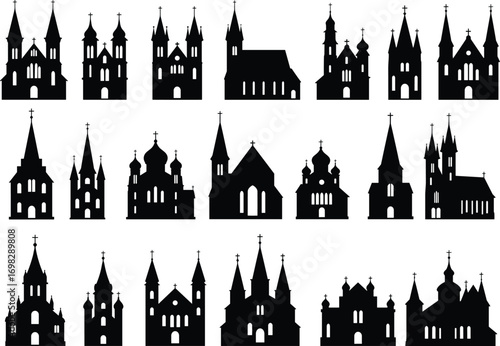 Church silhouette vector collection, gothic cathedral icons, religious architecture set, black Christian building illustrations, historical temple symbols, isolated chapel design elements