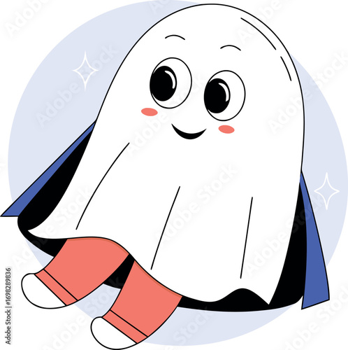 Adorable cartoon ghost character wearing orange pants and sneakers sitting happily in a circle