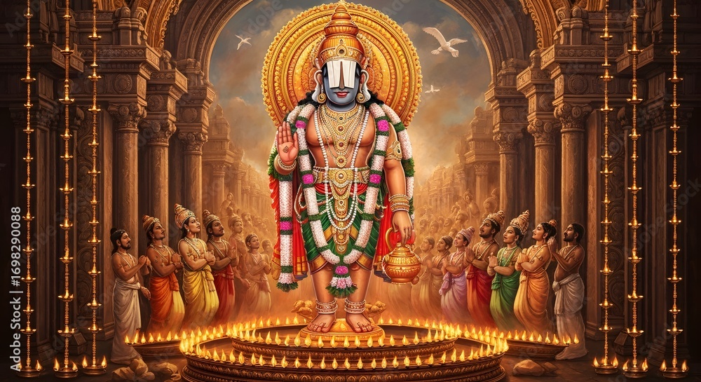 Fototapeta premium Majestic Depiction of Lord Ayyappan in a Divine Temple Setting