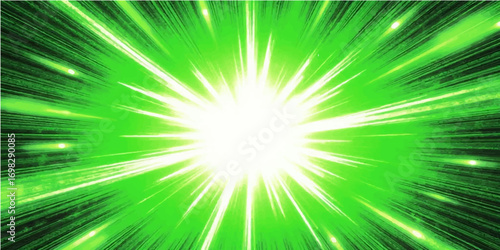 An abstract green background with a bright sunburst of light and a burst of star-like rays