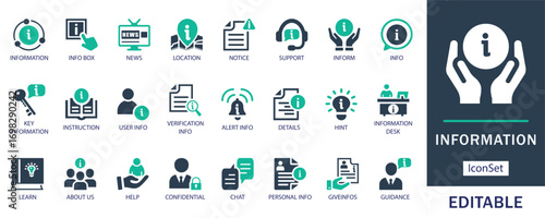 Information vector icons for customer support, news, data, and communication graphics. Ideal for websites and manuals.
